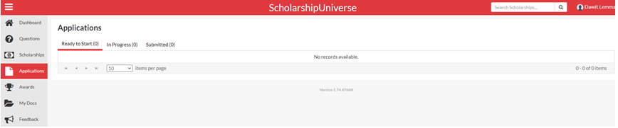 Screenshot of Scholarship Universe Applications Section