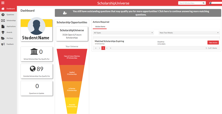 Screenshot of Scholarship Universe Dashboard