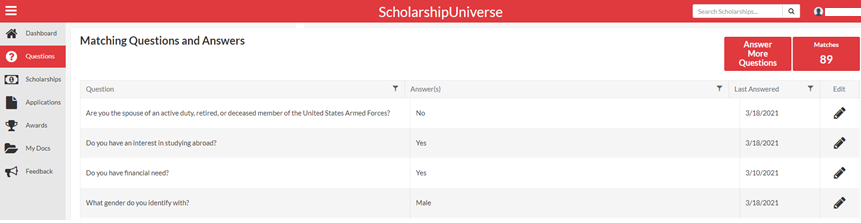 Screenshot of Scholarship Universe Matching Questions Section