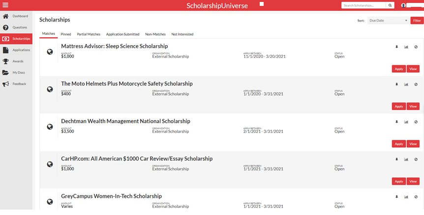 Screenshot of Scholarship Universe Scholarships Section